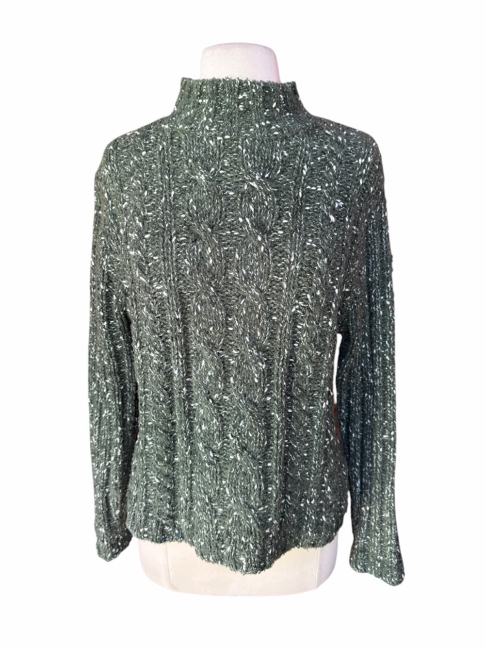 Late 90s Sonoma Green & White Heathered Aran Cable Knit Mock Neck Sweater‎